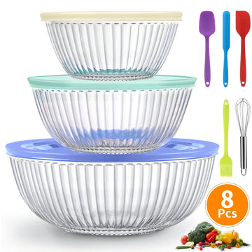 Glass Mixing Bowls Set, AOKIWO 8 Pack Glass Mixing Bowl with BPA-Free Lids & Baking Tools, Nesting Storage Bowls for Kitchen, Great for Prep, Baking, Serving