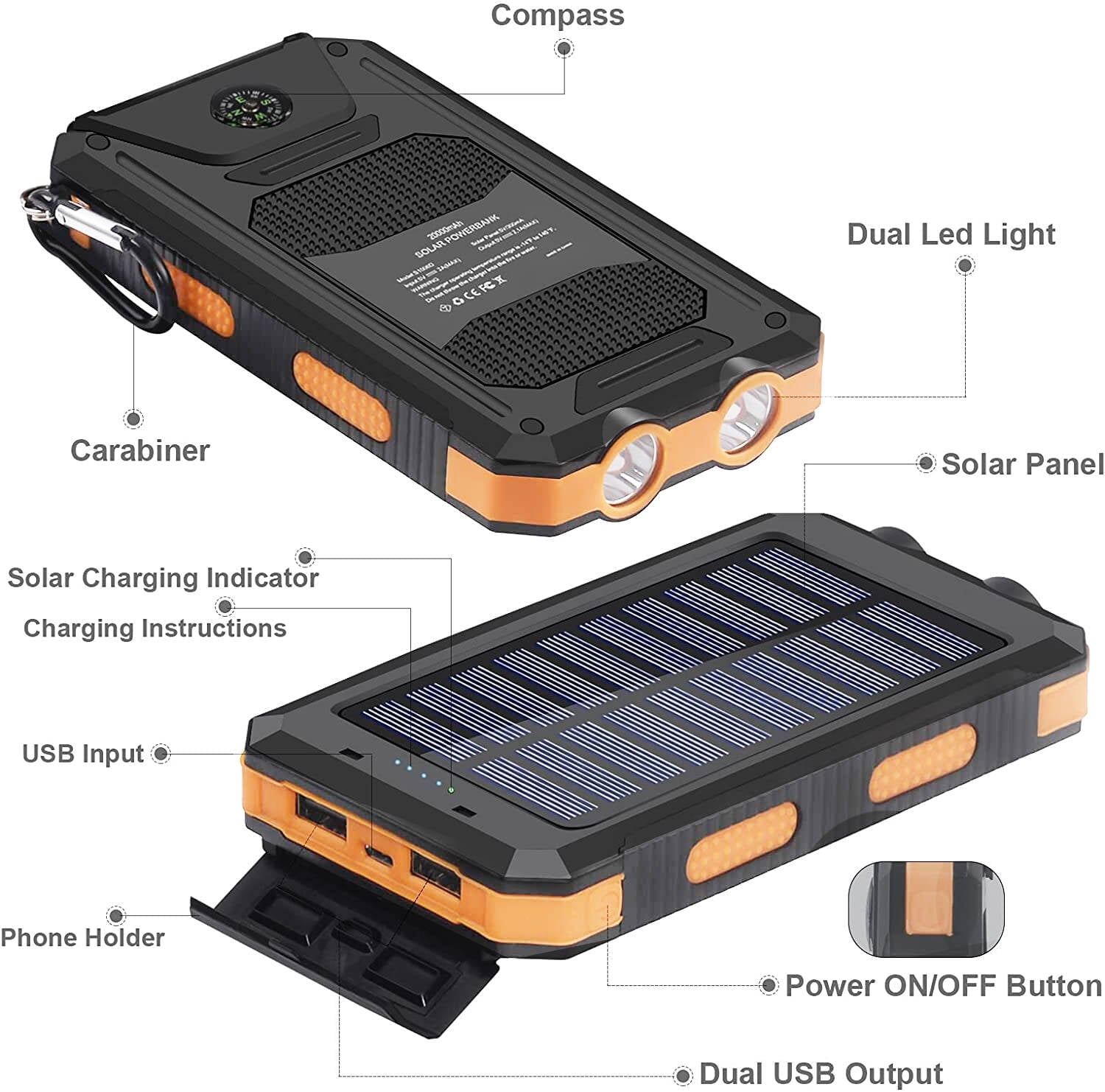 20000mAh Solar Charger for Cell Phone IPhone, Portable Solar Power Bank with Dual 5V USB Ports, 2 LED Light Flashlight, Compass Battery Pack for Outdoor Camping Hiking(Orange)