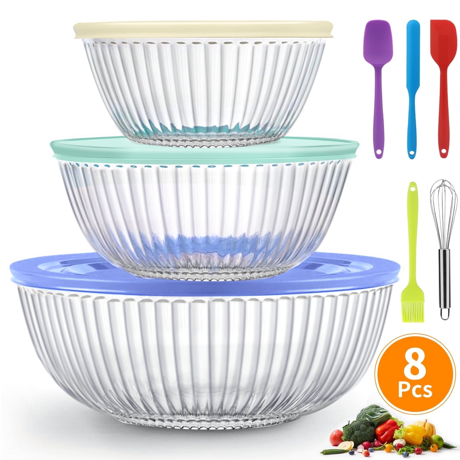 Glass Mixing Bowls Set, AOKIWO 8 Pack Glass Mixing Bowl with BPA-Free Lids & Baking Tools, Nesting Storage Bowls for Kitchen, Great for Prep, Baking, Serving