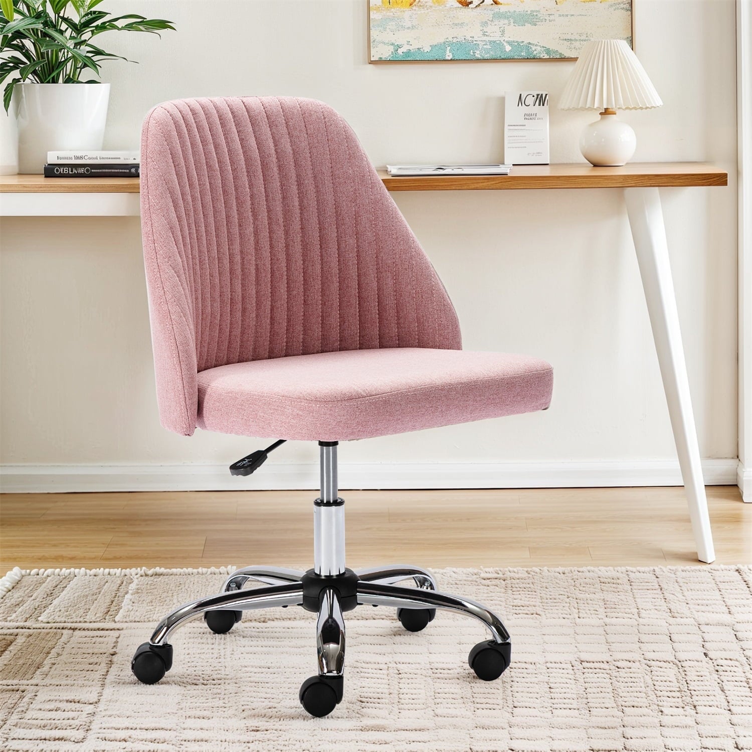 Home Office Chair, Mid Back Armless Fabric Upholstered Desk Chair with Wheels Adjustable Swivel Vanity Chair for Bedroom,Living Room, Pink