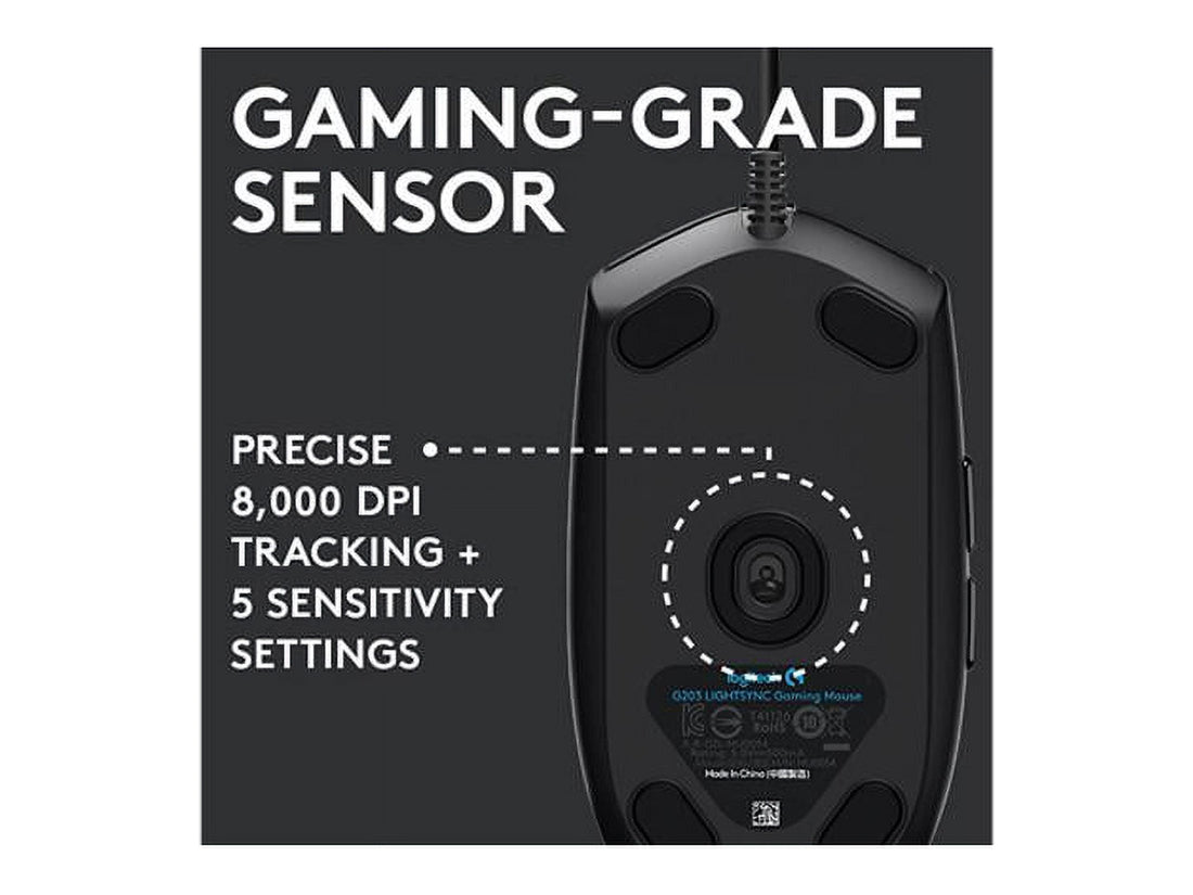 Logitech G203 Wired Gaming Mouse, 8,000 DPI, Rainbow Optical Effect LIGHTSYNC RGB, 6 Programmable Buttons, On-Board Memory, Screen Mapping, PC/Mac Computer and Laptop Compatible - Black