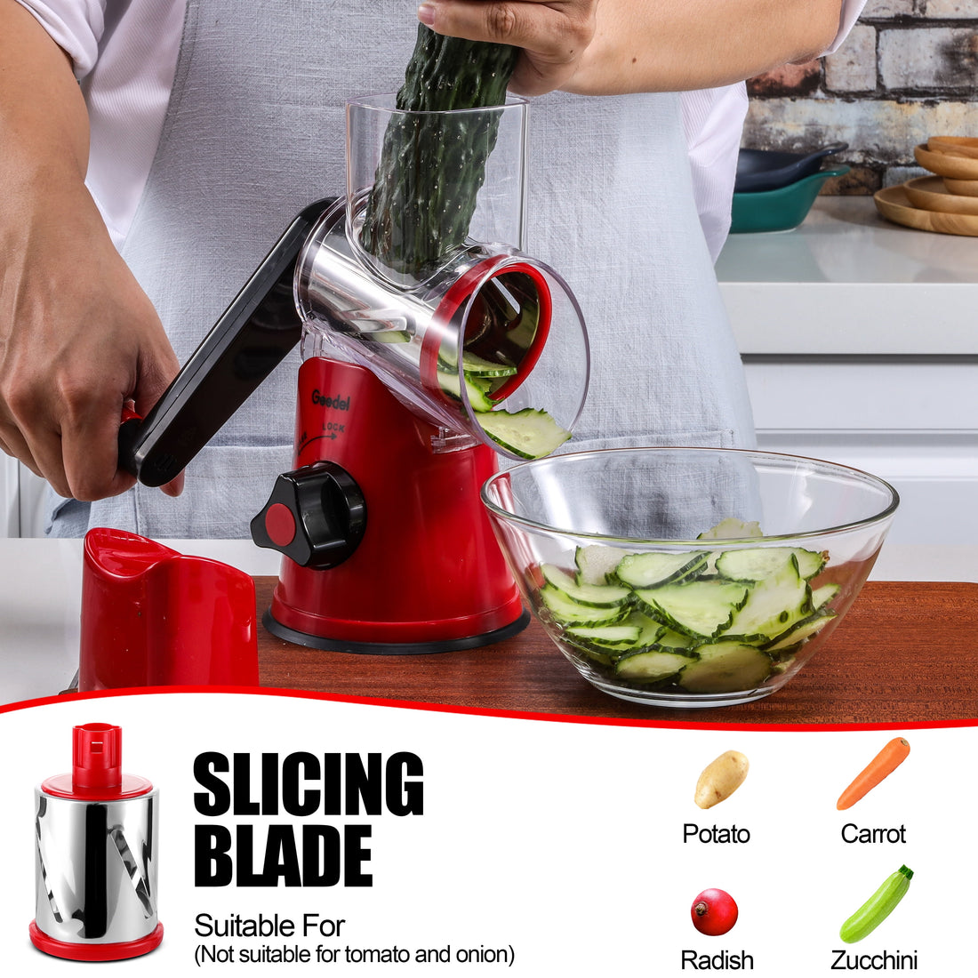 Geedel Rotary Cheese Grater, Kitchen Mandoline Vegetable Slicer with 3 Interchangeable Blades, Grater Slicer for Fruit, Vegetables, Nuts,Dishwasher Safe