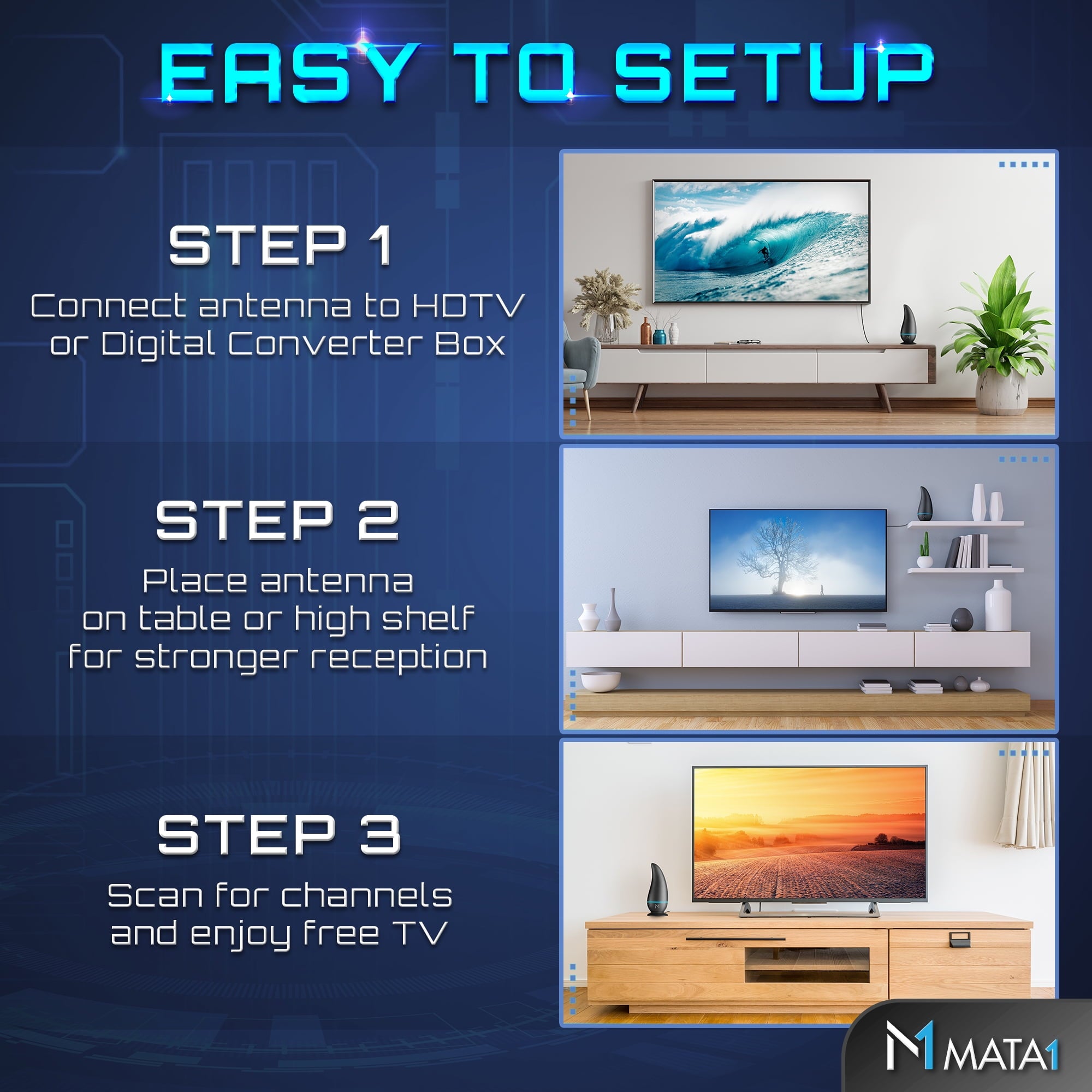 250 Mile Range 5G Signal Reception Digital HD TV Indoor Antenna [Early Release 2025 Chipset], Smart TV Amplifier with 16.4 ft Coax Cable + Built-In Magnetic Base by Mata1-USA