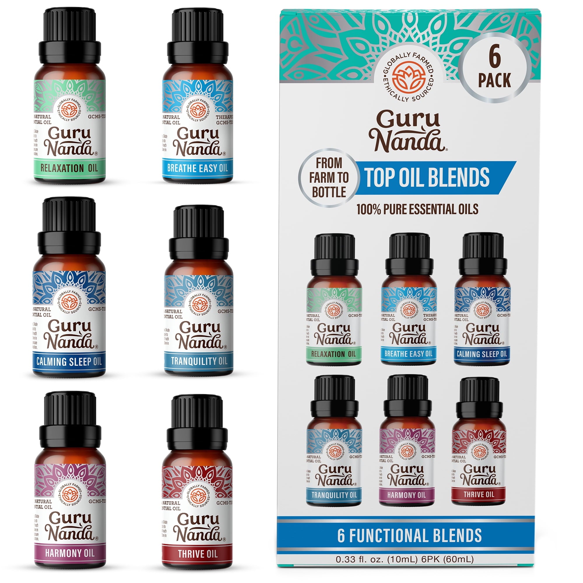 GuruNanda Essential Oils Set of 6 Blended Scents for Aromatherapy and Diffusers, 100% Pure and Natural, 10 mL Each