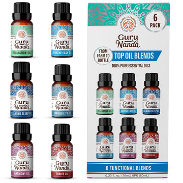 GuruNanda Essential Oils Set of 6 Blended Scents for Aromatherapy and Diffusers, 100% Pure and Natural, 10 mL Each