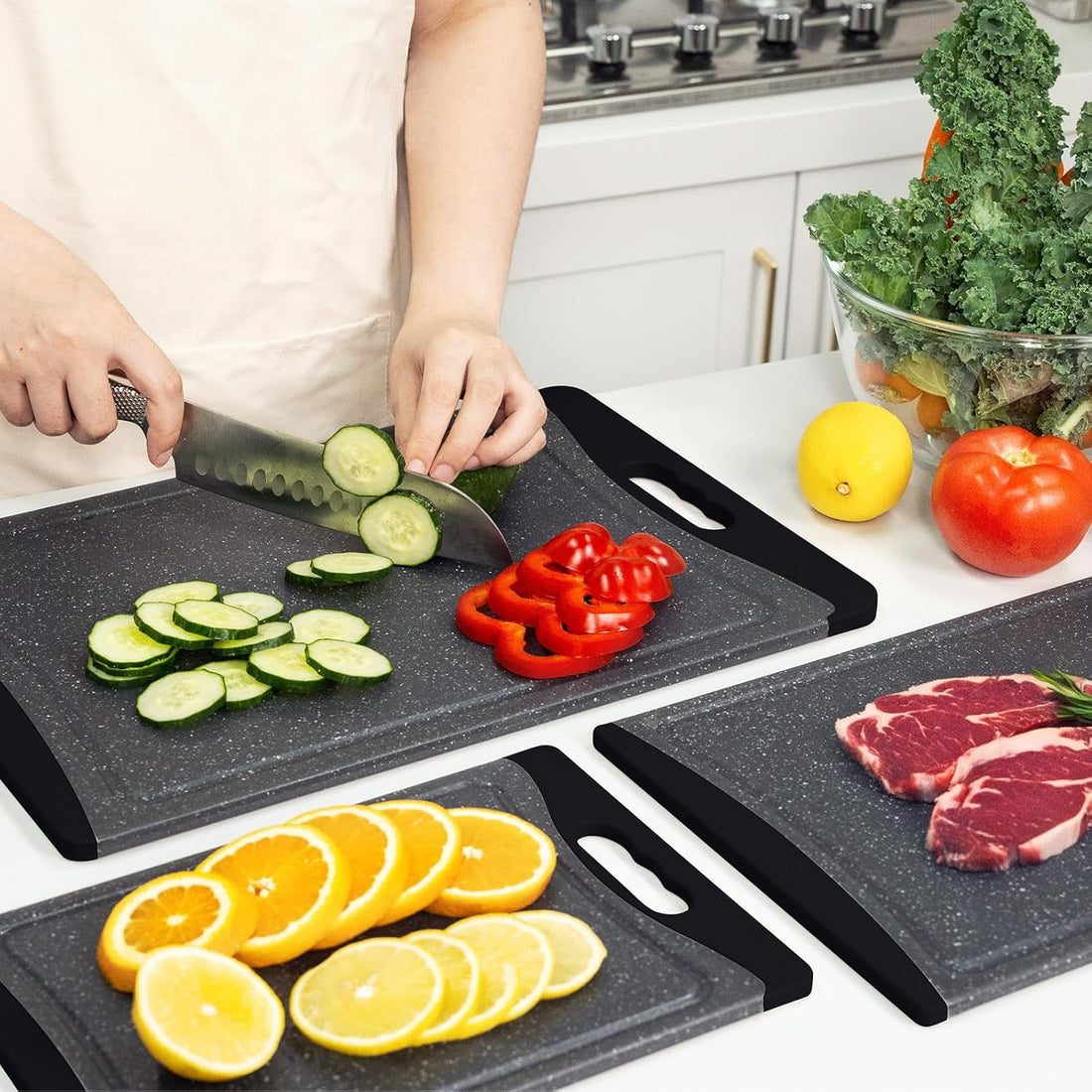 Extra Large Cutting Boards, AOKIWO 3 Packs Non-Slip Plastic Cutting Boards for Kitchen Dishwasher Safe w/Juice Grooves for Meat, Veggies- Dark Grey