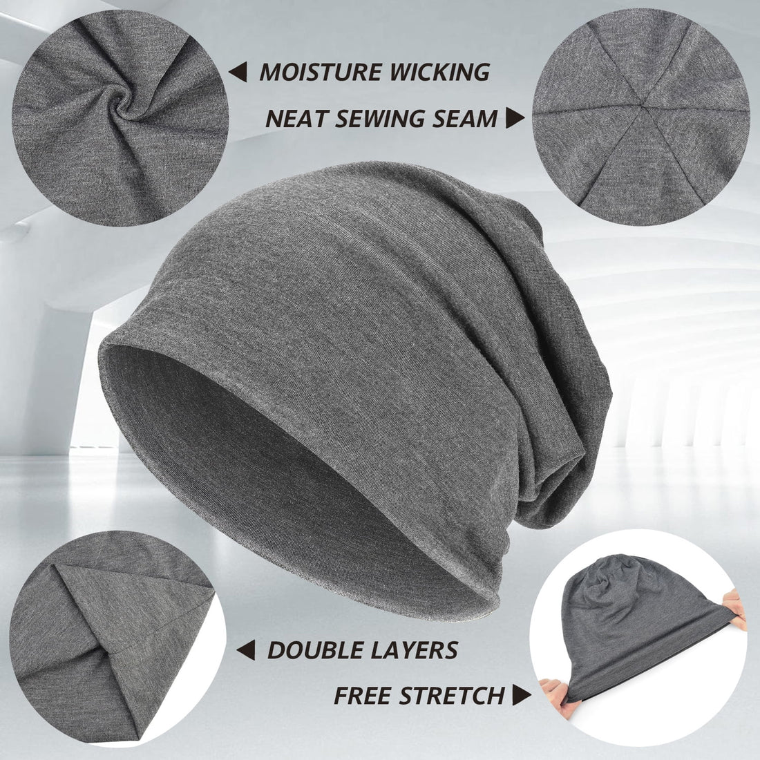 EINSKEY Cotton Slouchy Beanie Hat for Men/Women, Lightweight Oversize Large Thin Skull Cap Chemo Cap Night Sleeping Cap 3 Grey,Black