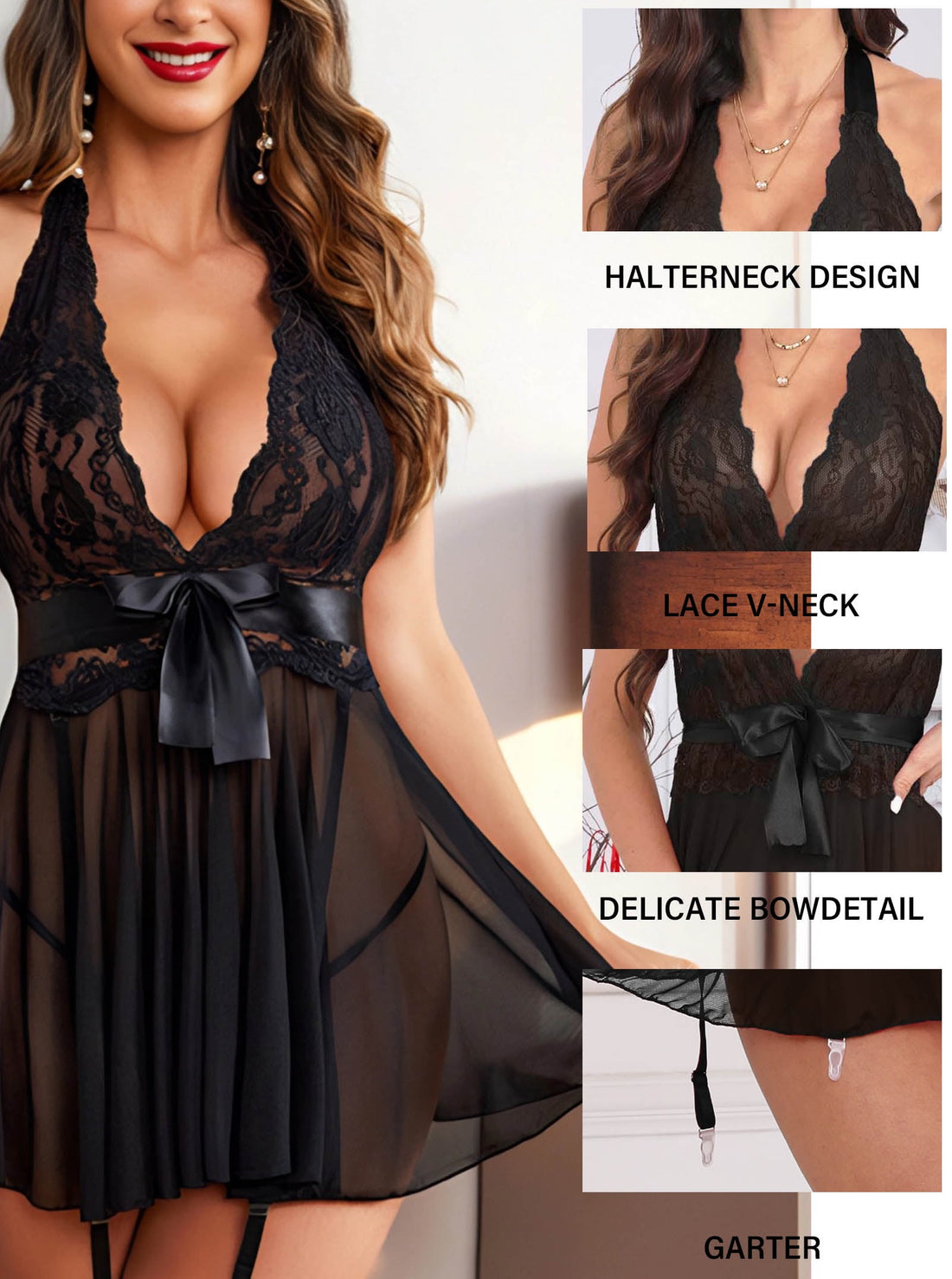 Sexy Lingerie, PUTUO Womens Lingerie, Lace Mesh V-Neck Babydoll Lingerie for Women, Sexy Plus Size Lingerie for Women