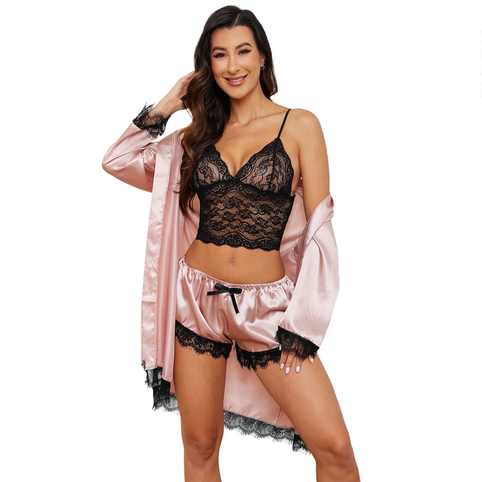AMITOFO Robes for Women Satin Silk Pajamas Set 4pcs Lace Trim Cami Sexy Lingerie Sleepwear Underwear