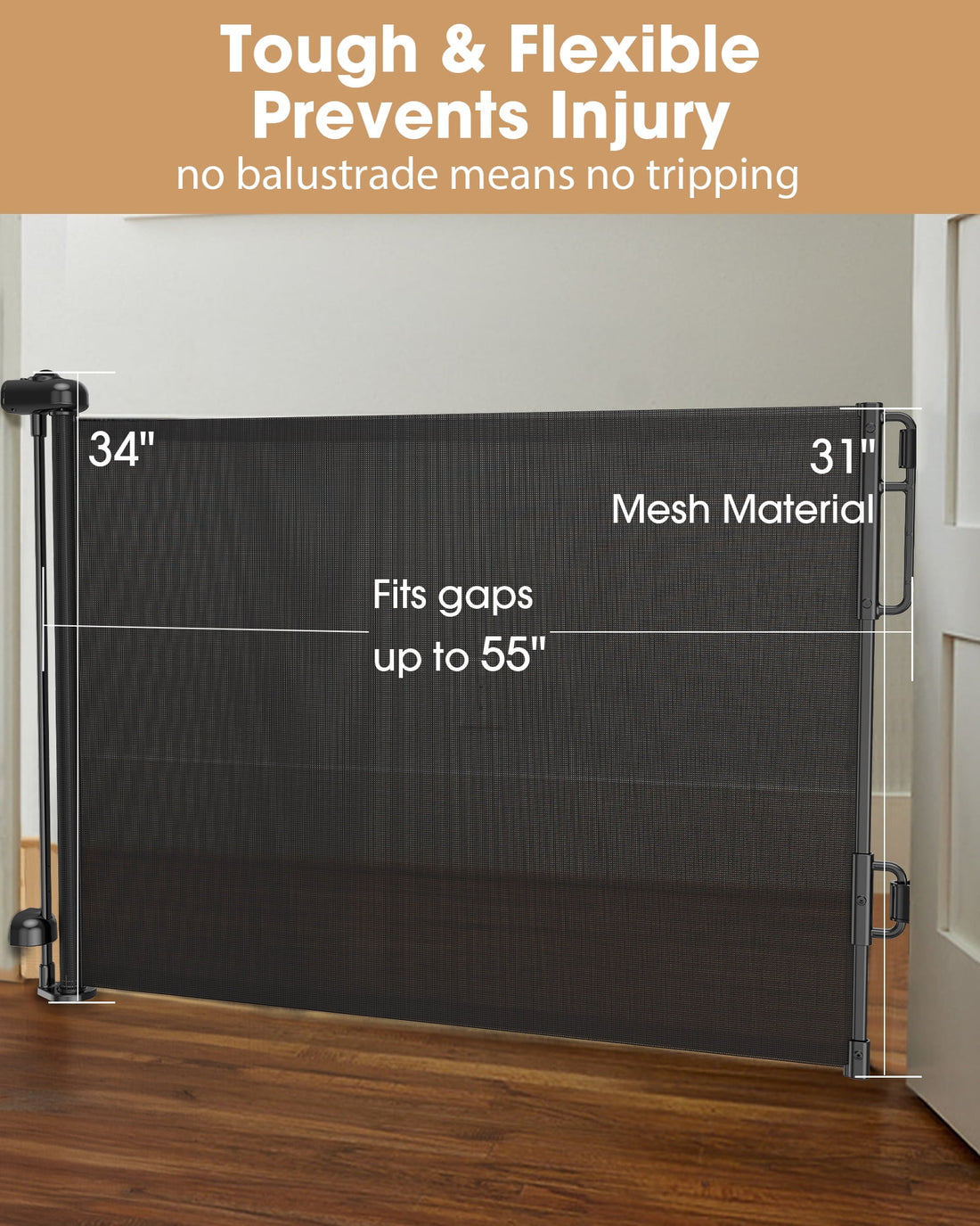 Ophanie Retractable Baby Safety Gate,Extra Wide Mesh Dog Pet Gate 33&quot; Tall, Extends to 55&quot; Wide, Indoor & Outdoor Child Gates for Stair&Doorways, Black