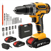 VQJTCVLY Cordless Drill, 21V Power Drill Set with 2Ah Battery, 3/8&quot;Keyless Chuck, 25+1 Position Electric Drill, 2-Speed Transmission For Screwdriving And Drilling, Yellow