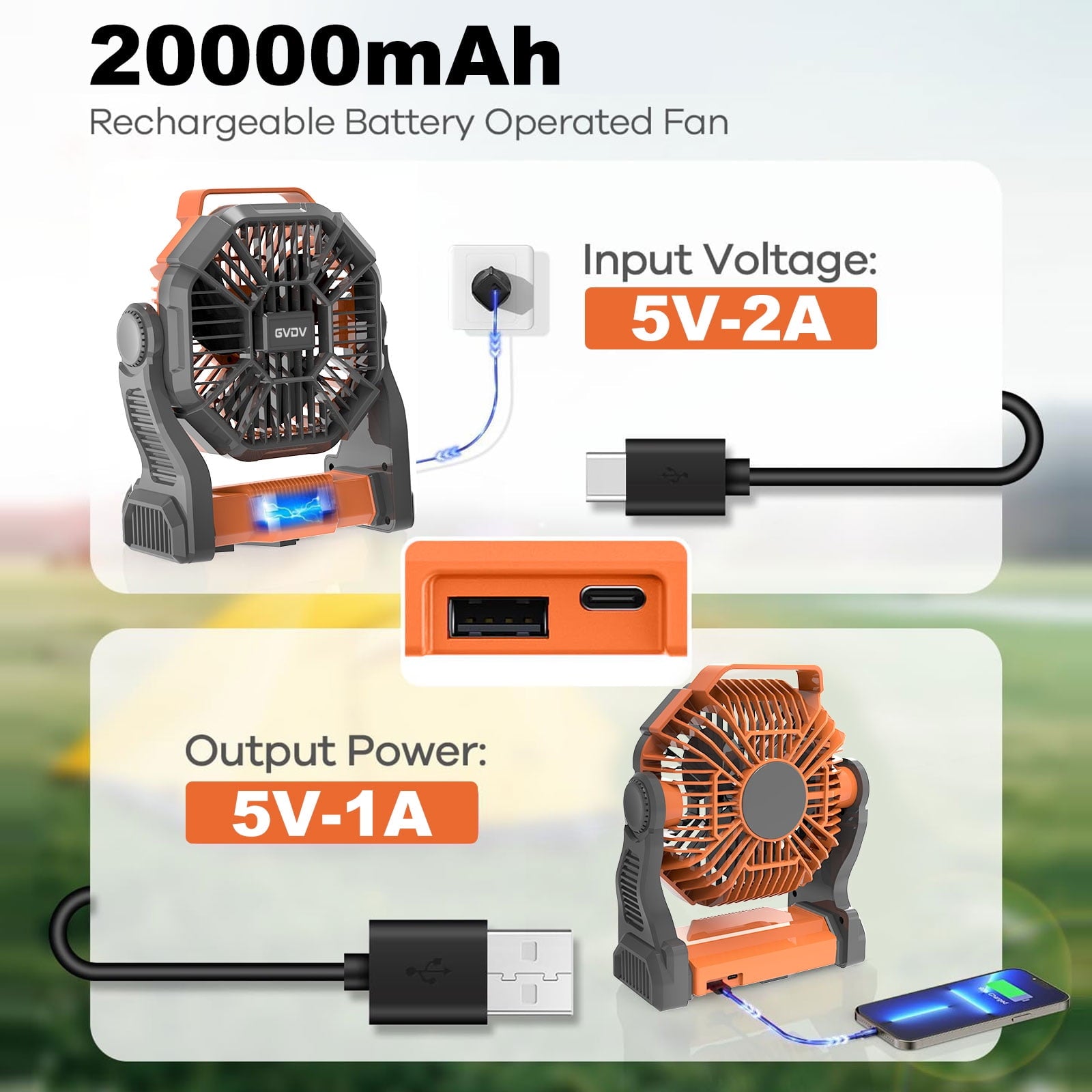 GVDV Camping Fan with LED Lantern, 20000mAh Portable Battery Operated Outdoor Fan, Personal Rechargeable Desk Fan for Travel, Hiking, Fishing, Picnic, Orange
